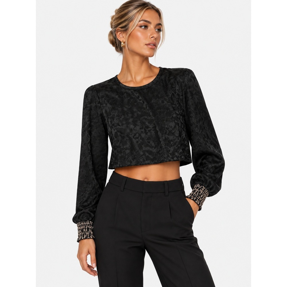 LOYD/FORD Palm Springs Black Jacquard Animal Print Crop Top Smocked Cuffs M